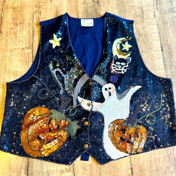 Quacker Factory Jackets & Blazers - VTG The Quacker Factory Sequined Halloween Vest 1X Ghost Pumpkins Moon Black Cat